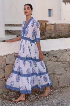 V-Neck Cuffed Maxi- Salvia Blue
