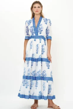 V-Neck Cuffed Maxi- Salvia Blue