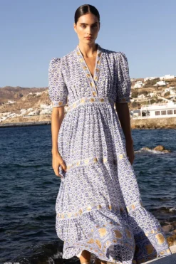 V-Neck Cuffed Maxi- Veranda Blue