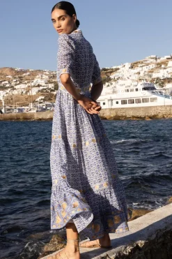 V-Neck Cuffed Maxi- Veranda Blue